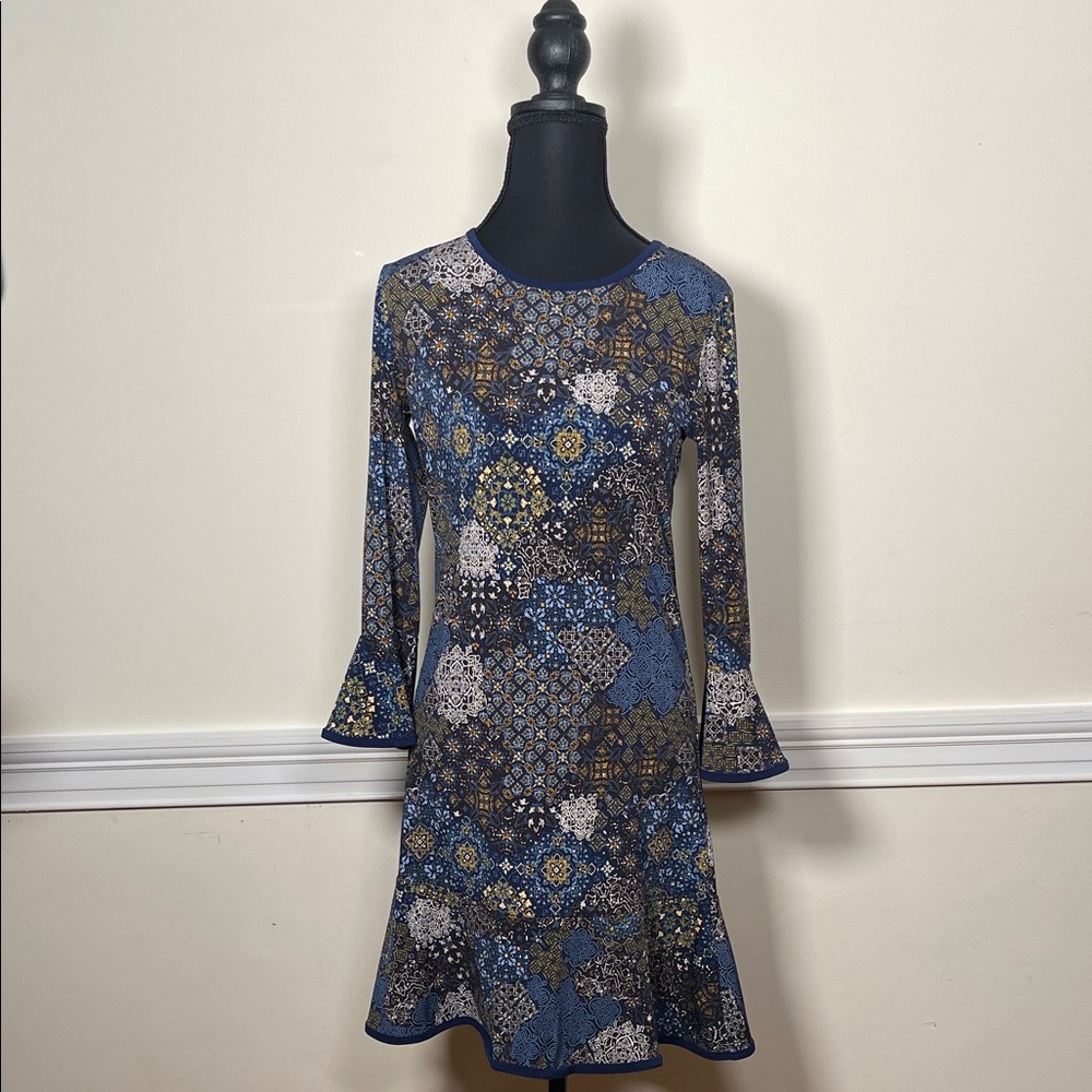 Michael Kors Blue and Gold Patterned Long Sleeve Dress